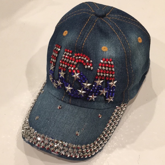 Rhinestone USA Flag Denim Baseball Hat - Picture 3 of 10